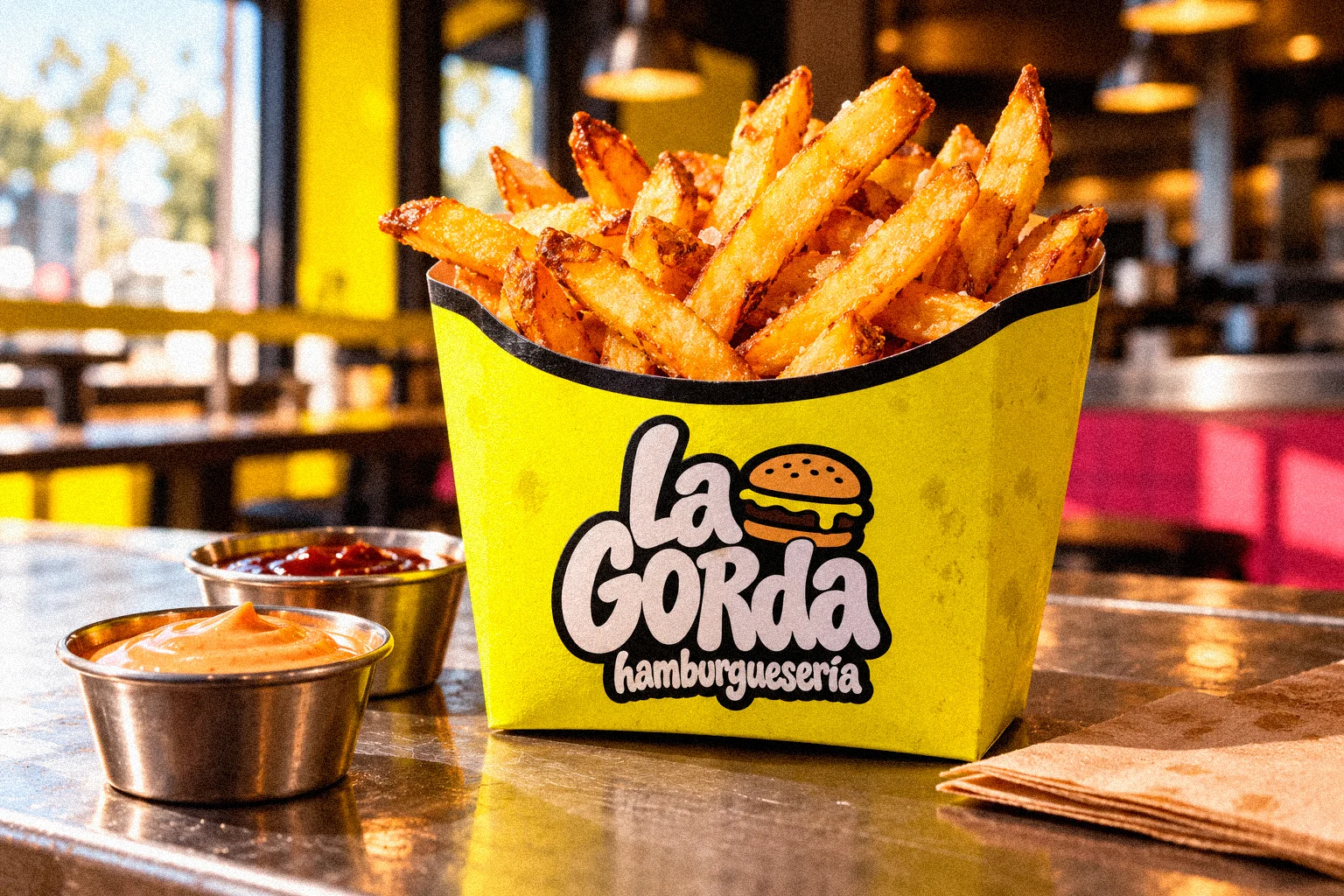 Caja amarilla de patatas de La Gorda con dos salsas