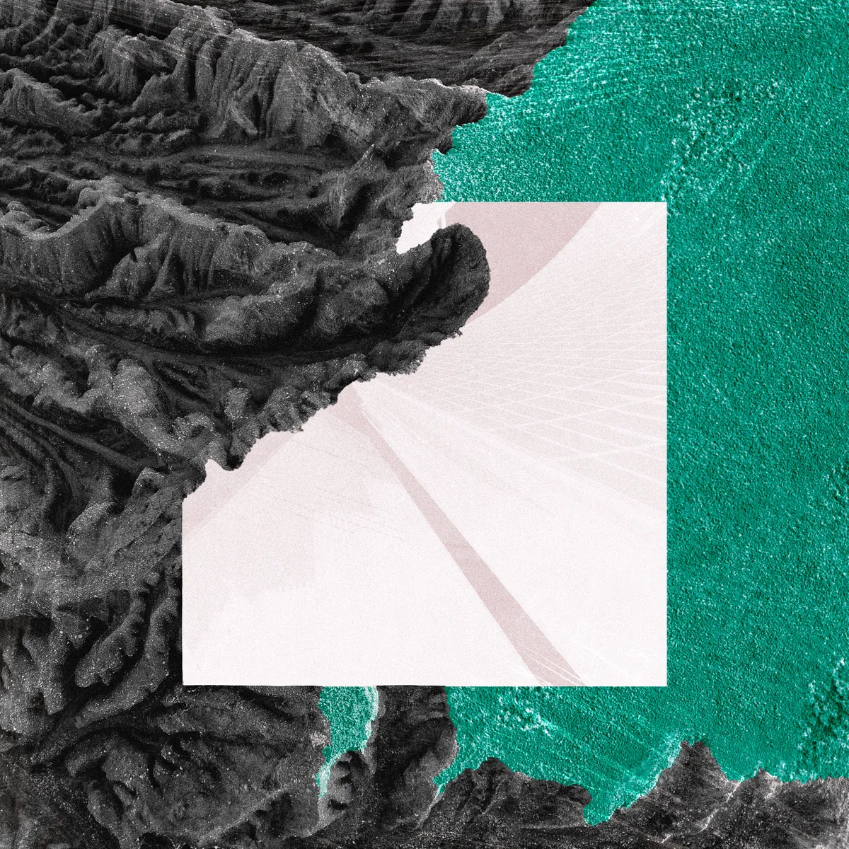 Portada de HELIX.: collage de montañas en blanco y negro, pintura verde y un cuadrado claro en el centro